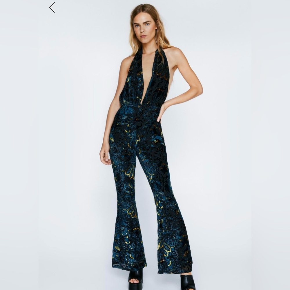 Nasty Gal Floral Devore Halterneck Flared Jumpsuit